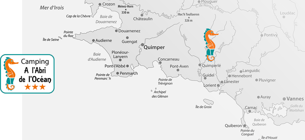Situation géographique du camping 3 étoiles en Bretagne à l’Abri de l’Océan